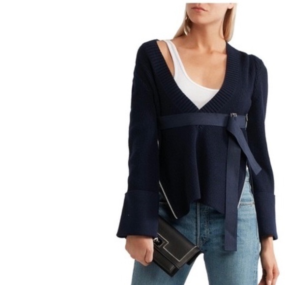 Sacai Navy Belted Ribbed Wool V-Neck Sweater NEW